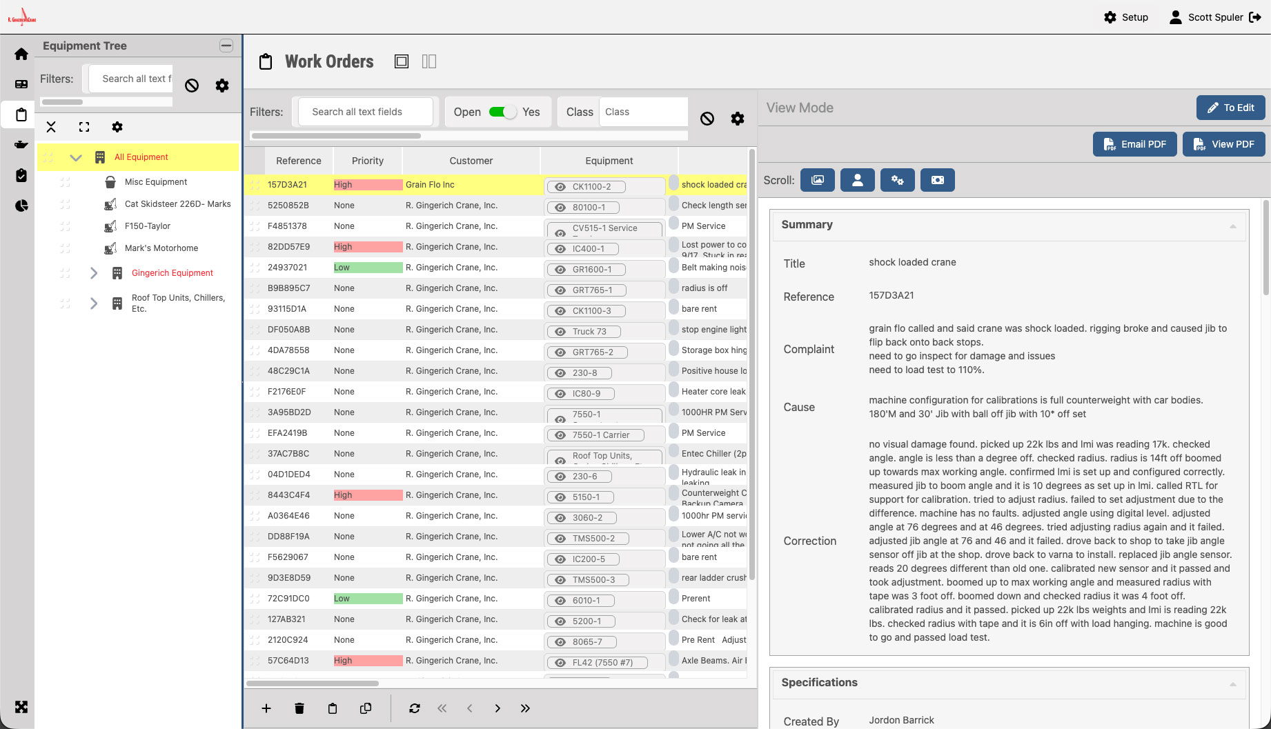 Work Orders screen